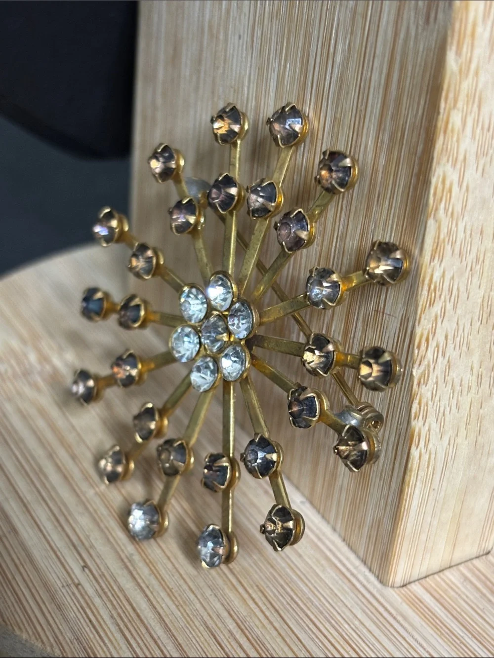 Vintage Gold-Tone Crystal Starburst Brooch - Brown and Clear Stones